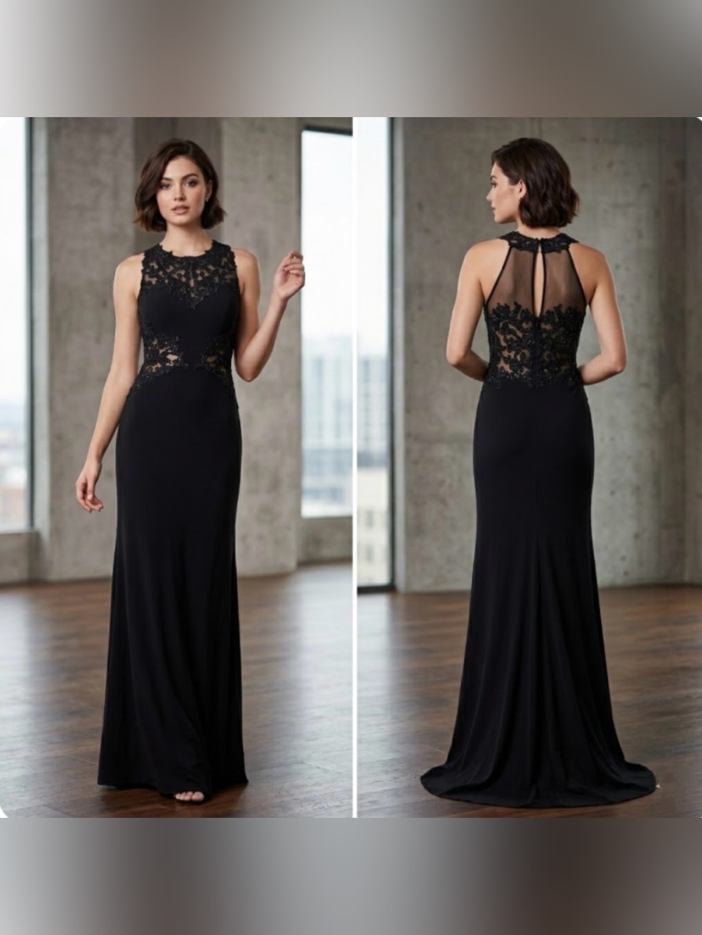 Amelia Couture Black Lace Stretchy Illusion Rhinestone Formal Gown Dress Prom 12